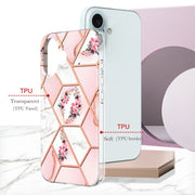 For iPhone 16 Plus Splicing Marble Flower IMD TPU Phone Case(Pink Flower)