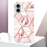 For iPhone 16 Splicing Marble Flower IMD TPU Phone Case(Pink Flower)