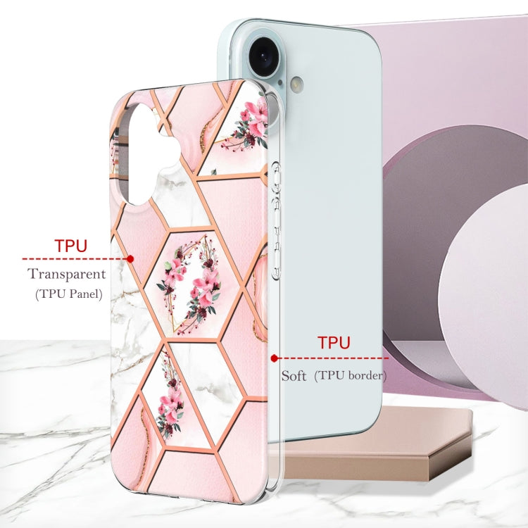 For iPhone 16 Splicing Marble Flower IMD TPU Phone Case(Pink Flower)