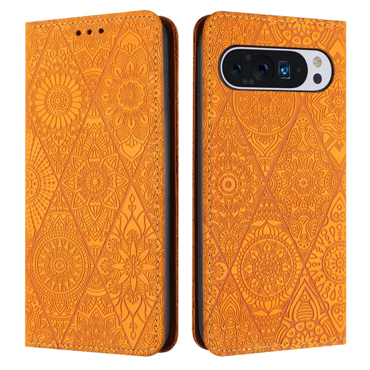 For Google Pixel 9 / 9 Pro Ethnic Embossed Adsorption Leather Phone Case(Yellow)