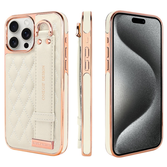 For iPhone 15 Pro Max VIETAO Rhombic Texture Wristband PU Phone Case(White)