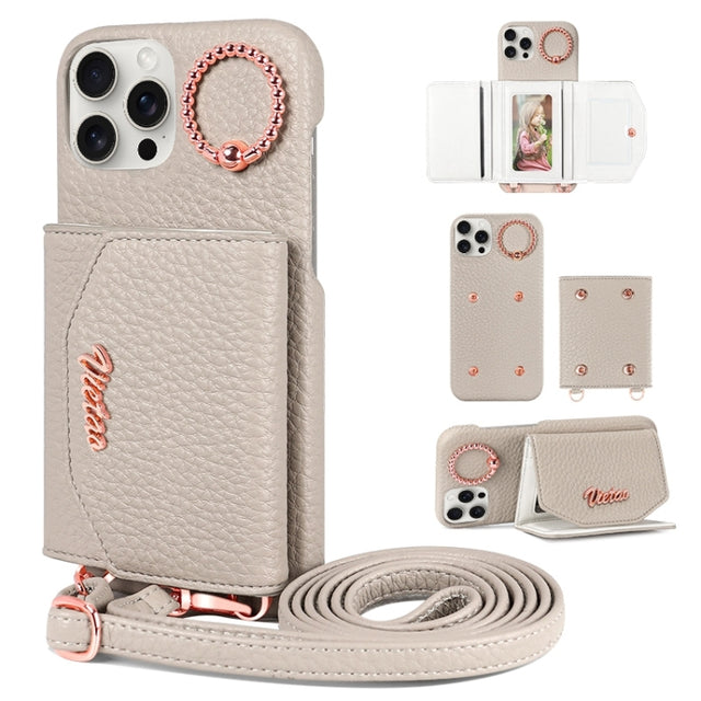 For iPhone 15 Pro Max VIETAO Ring Holder Card Bag Phone Case with Lanyard(Grey)