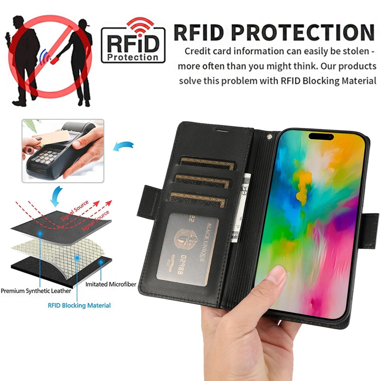 For iPhone 16 Pro Max Side Buckle RFID Anti-theft Leather Phone Case(Black)