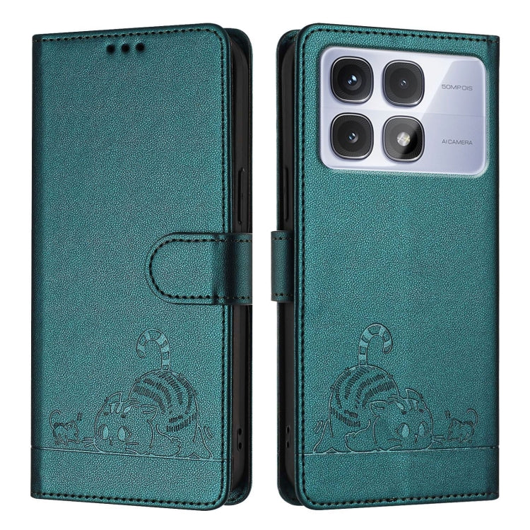 For Redmi K70 Ultra 5G Global Cat Rat Embossed Pattern RFID Leather Phone Case with Lanyard(Peacock Green)