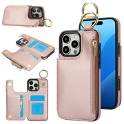 For iPhone 16 Pro RFlD Anti-theft Double Buckle Ring Zipper Card Phone Case(Rose Gold)