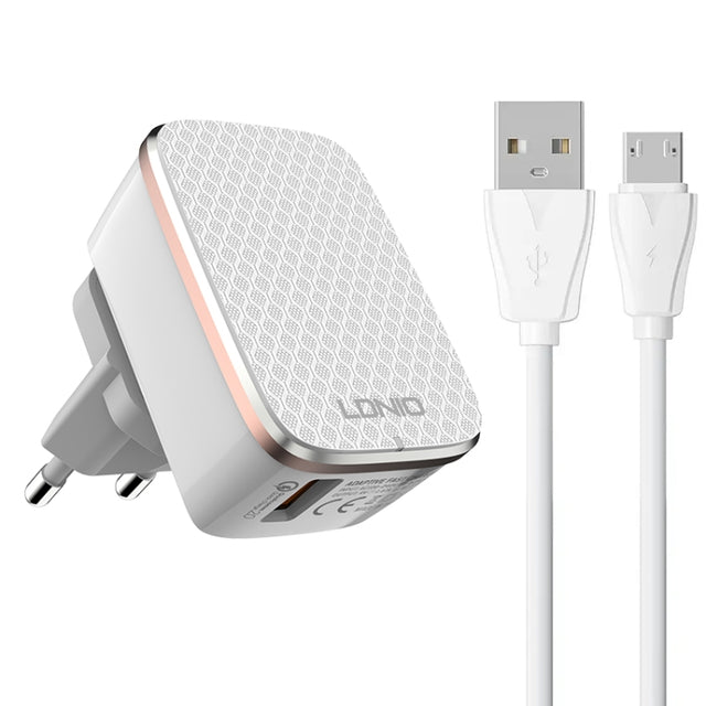 LDNIO A1204Q QC3.0 18W USB Fast Charger with 1m USB to Micro USB Cable, Plug Type:EU Plug(White Gold)