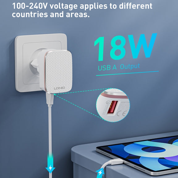 LDNIO A1204Q QC3.0 18W USB Fast Charger with 1m USB to Micro USB Cable, Plug Type:AU Plug(White Gold)