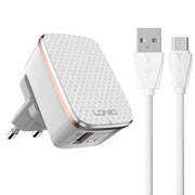 LDNIO A1204Q QC3.0 18W USB Fast Charger with 1m USB to USB-C / Type-C Cable, Plug Type:EU Plug(White Gold)