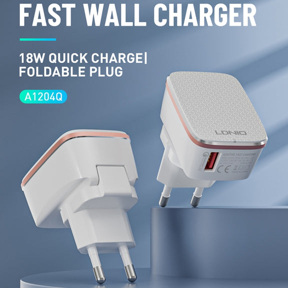 LDNIO A1204Q QC3.0 18W USB Fast Charger with 1m USB to USB-C / Type-C Cable, Plug Type:EU Plug(White Gold)
