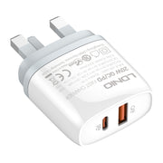 LDNIO Q229 QC3.0 / PD20W USB + Type-C Fast Charger with 1m USB to 8 Pin Cable, Plug Type:UK Plug(White)