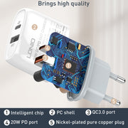 LDNIO Q229 QC3.0 / PD20W USB + Type-C Fast Charger with 1m USB to Micro USB Cable, Plug Type:EU Plug(White)