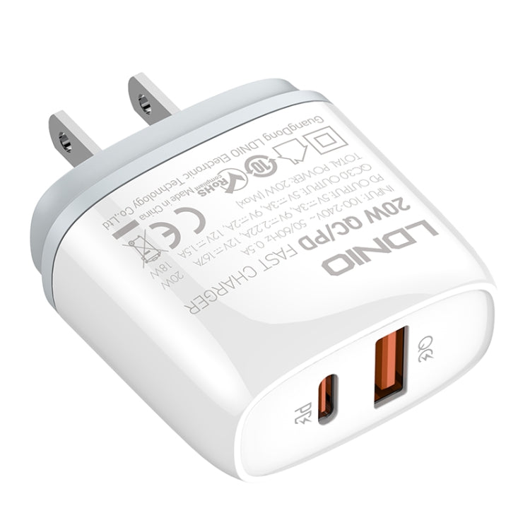 LDNIO Q229 QC3.0 / PD20W USB + Type-C Fast Charger with 1m USB to Type-C Cable, Plug Type:US Plug(White)