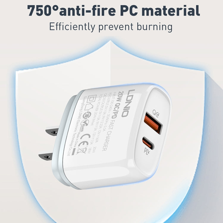 LDNIO Q229 QC3.0 / PD20W USB + Type-C Fast Charger with 1m USB to Type-C Cable, Plug Type:US Plug(White)