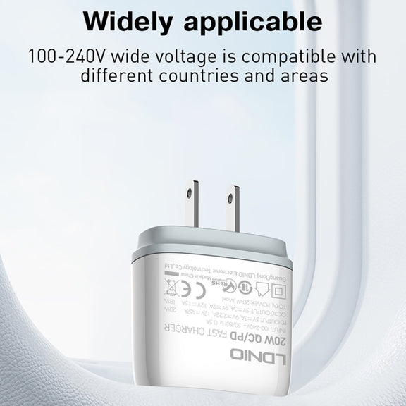 LDNIO Q229 QC3.0 / PD20W USB + Type-C Fast Charger with 1m USB to Type-C Cable, Plug Type:US Plug(White)