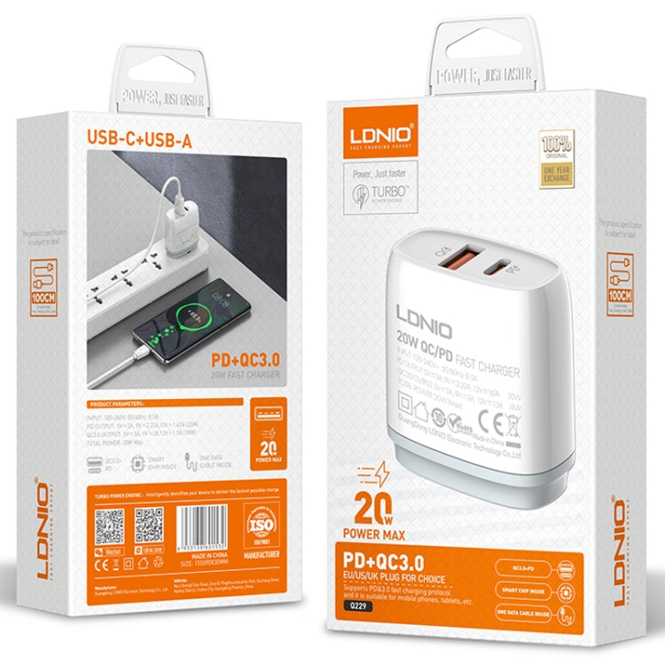 LDNIO Q229 QC3.0 / PD20W USB + Type-C Fast Charger with 1m Type-C to Type-C Cable, Plug Type:EU Plug(White)
