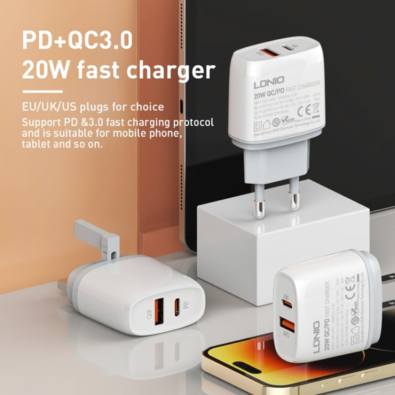 LDNIO Q229 QC3.0 / PD20W USB + Type-C Fast Charger with 1m Type-C to Type-C Cable, Plug Type:EU Plug(White)