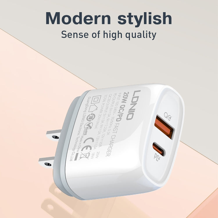 LDNIO Q229 QC3.0 / PD20W USB + Type-C Fast Charger with 1m Type-C to Type-C Cable, Plug Type:EU Plug(White)