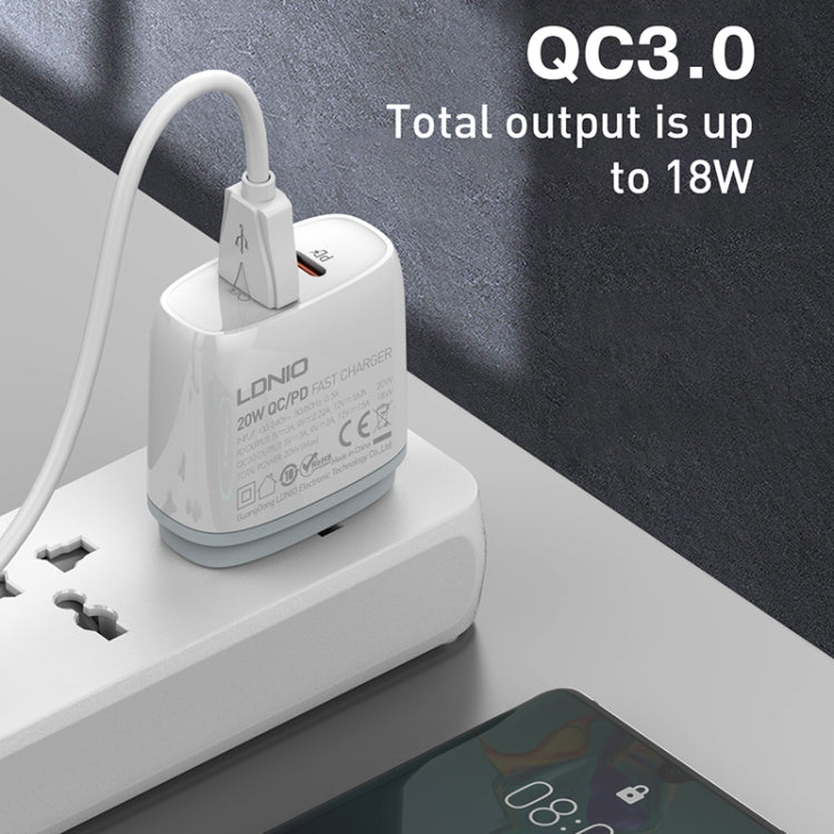 LDNIO Q229 QC3.0 / PD20W USB + Type-C Fast Charger with 1m Type-C to Type-C Cable, Plug Type:EU Plug(White)