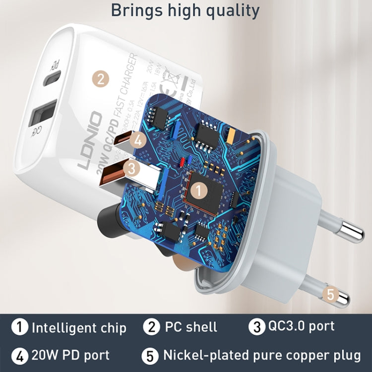 LDNIO Q229 QC3.0 / PD20W USB + Type-C Fast Charger with 1m Type-C to Type-C Cable, Plug Type:EU Plug(White)