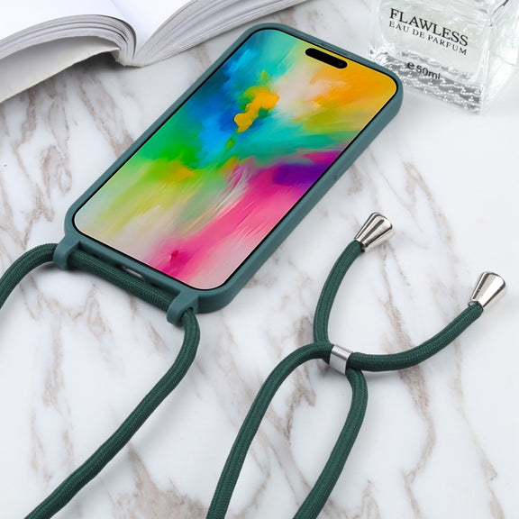 For iPhone 16 Pro Candy Colors TPU Protective Phone Case with Lanyard (Dark Green)