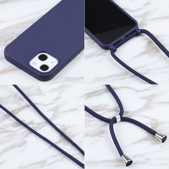 For iPhone 16 Plus Candy Colors TPU Protective Phone Case with Lanyard(Dark Blue)