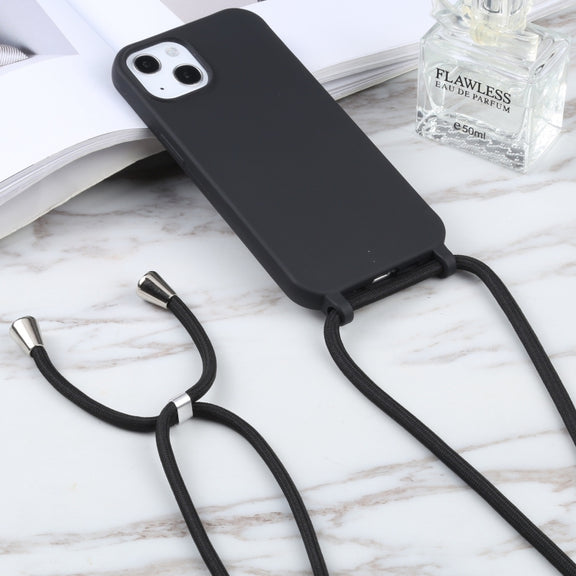 For iPhone 16 Candy Colors TPU Protective Phone Case with Lanyard(Black)