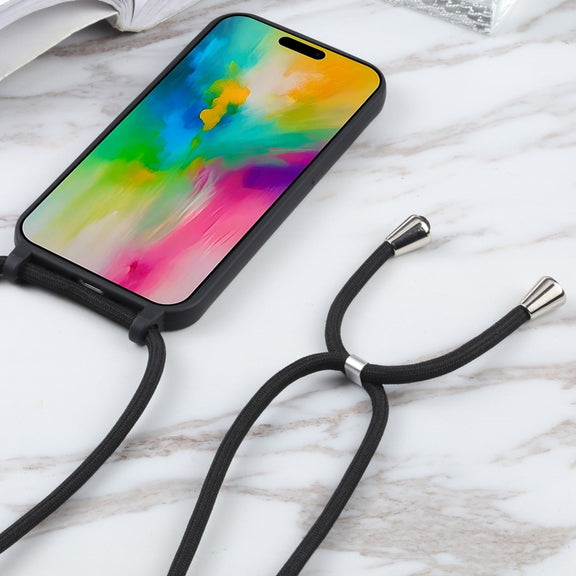 For iPhone 16 Candy Colors TPU Protective Phone Case with Lanyard(Black)