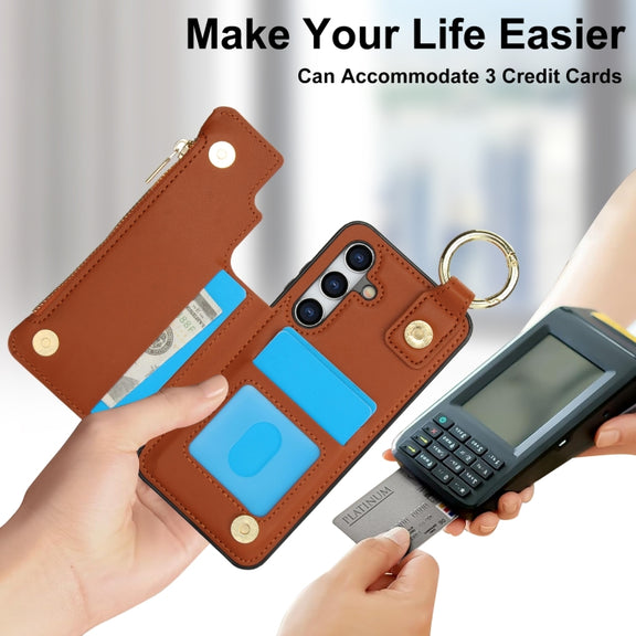 For Samsung Galaxy S24 5G RFlD Anti-theft Double Buckle Ring Zipper Card Phone Case(Brown)