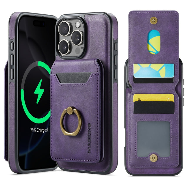 For iPhone 16 Pro MAGKING K1 MagSafe Detachable Wallet RFID Back Cover Phone Case(Purple)