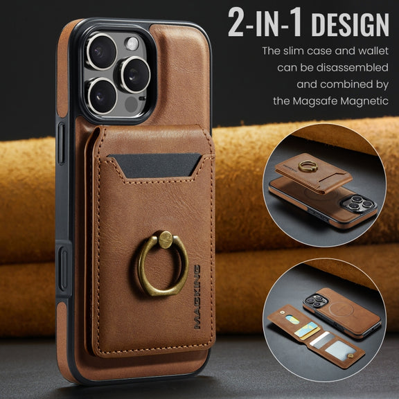 For iPhone 16 Pro MAGKING K1 MagSafe Detachable Wallet RFID Back Cover Phone Case(Brown)