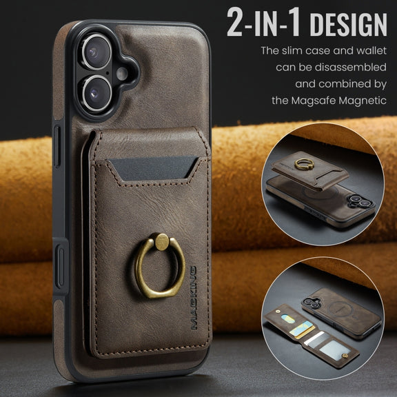 For iPhone 16 DG.MING K1 MagSafe Detachable Wallet RFID Back Cover Phone Case(Coffee)