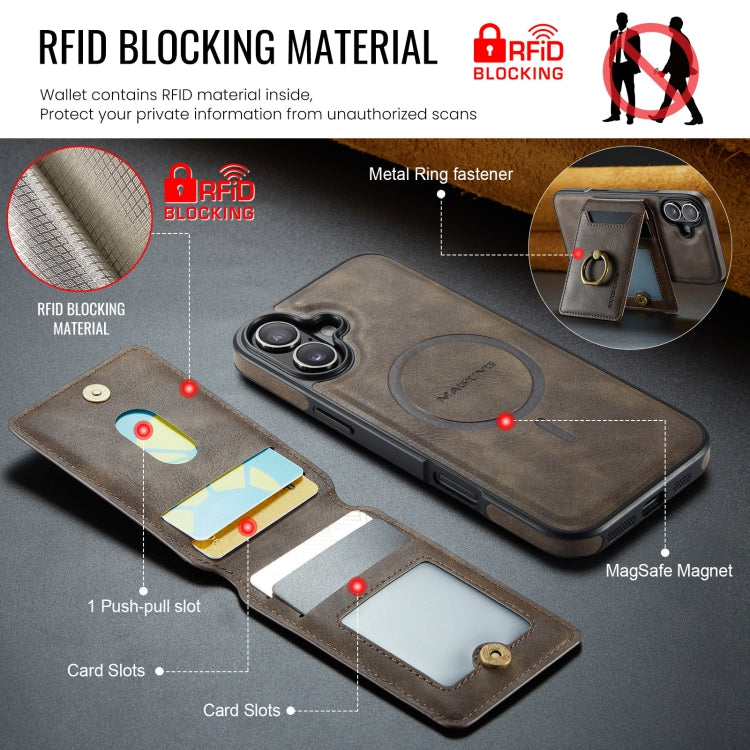 For iPhone 16 DG.MING K1 MagSafe Detachable Wallet RFID Back Cover Phone Case(Coffee)