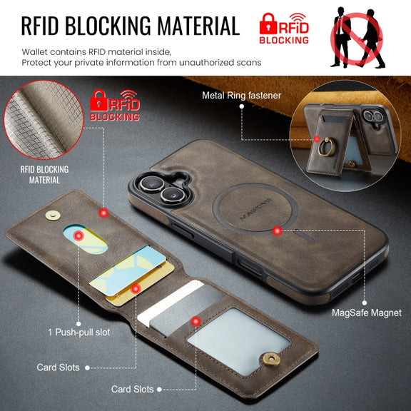 For iPhone 16 DG.MING K1 MagSafe Detachable Wallet RFID Back Cover Phone Case(Coffee)
