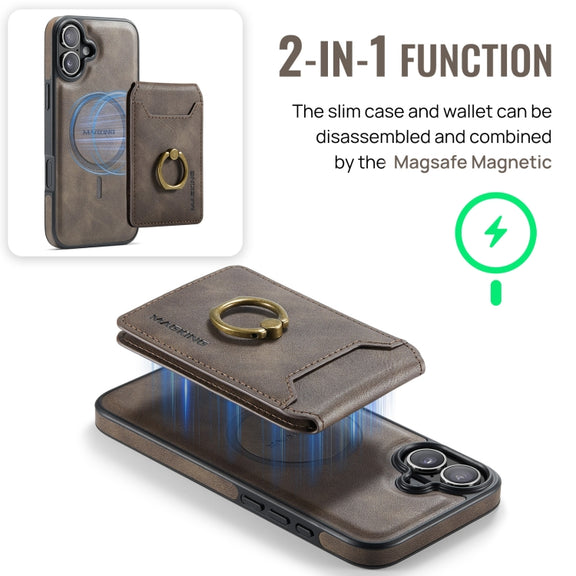 For iPhone 16 DG.MING K1 MagSafe Detachable Wallet RFID Back Cover Phone Case(Coffee)