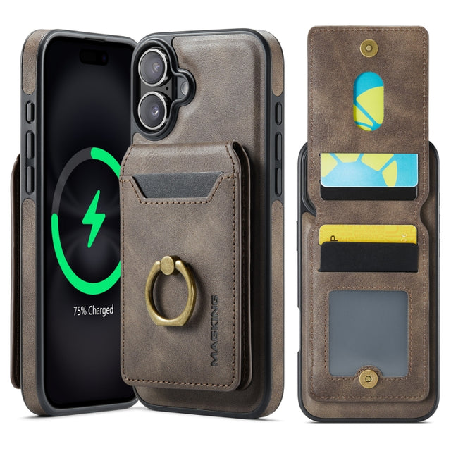 For iPhone 16 DG.MING K1 MagSafe Detachable Wallet RFID Back Cover Phone Case(Coffee)