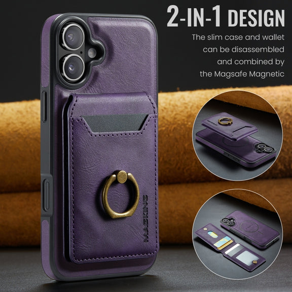 For iPhone 16 DG.MING K1 MagSafe Detachable Wallet RFID Back Cover Phone Case(Purple)