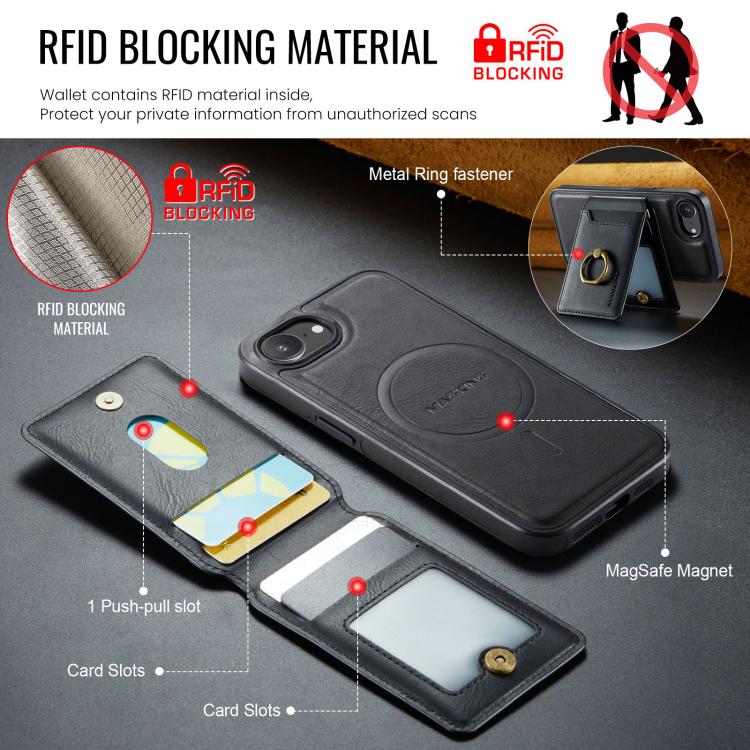 For iPhone 16e DG.MING K1 MagSafe Detachable Wallet RFID Back Cover Phone Case(Black)