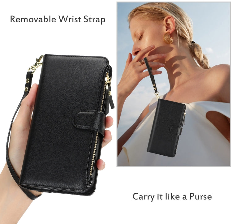 For Samsung Galaxy S24 5G Wristband Holder Zipper Purse RFID Leather Phone Case(Black)