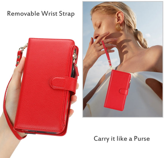 For Samsung Galaxy S24+ 5G Wristband Holder Zipper Purse RFID Leather Phone Case(Red)
