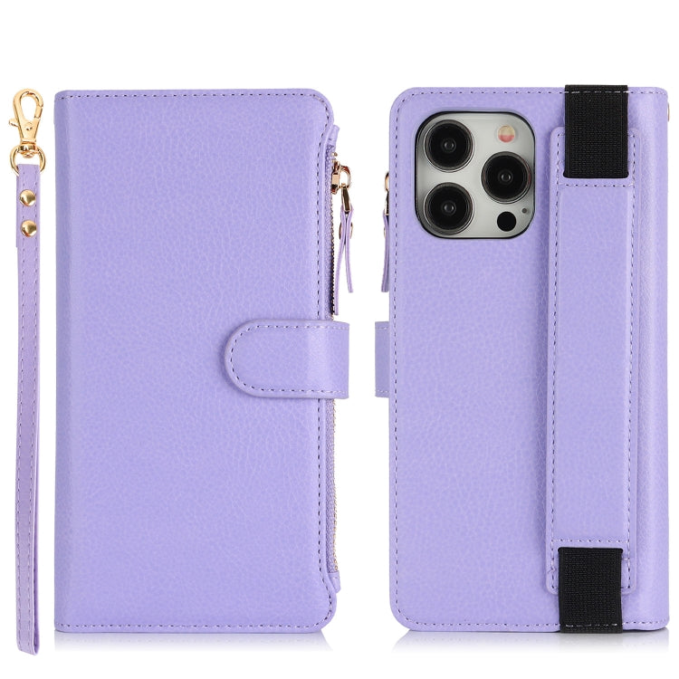 For iPhone 16 Pro Wristband Holder Zipper Purse RFID Leather Phone Case(Purple)