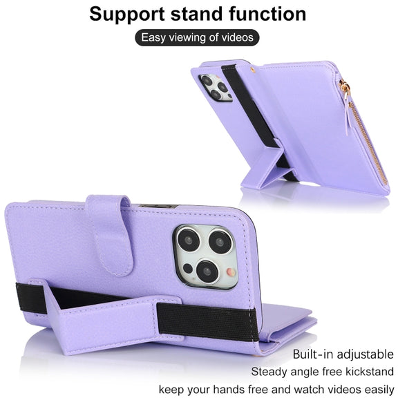 For iPhone 16 Pro Wristband Holder Zipper Purse RFID Leather Phone Case(Purple)