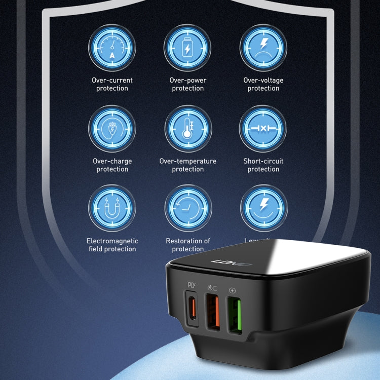 LDNIO Q334 32W Type-C + Dual USB Port Charger with 1m 8 Pin Data Cable, Plug Type:EU Plug(Black)