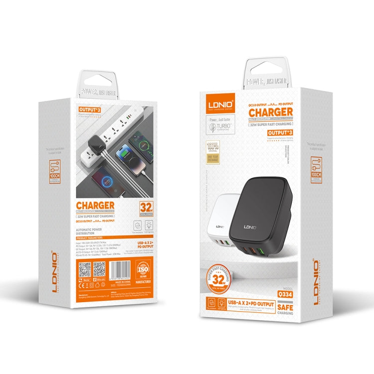 LDNIO Q334 32W Type-C + Dual USB Port Charger with 1m USB-C / Type-C Data Cable, Plug Type:EU Plug(Black)