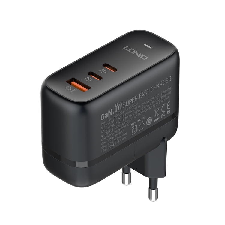 LDNIO Q366 65W USB + Dual Type-C Port Charger with 1m USB-C / Type-C to USB-C / Type-C Data Cable, Plug Type:EU Plug(Black)