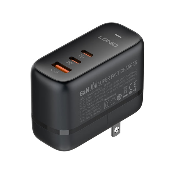 LDNIO Q366 65W USB + Dual Type-C Port Charger with 1m USB-C / Type-C to USB-C / Type-C Data Cable, Plug Type:US Plug(Black)