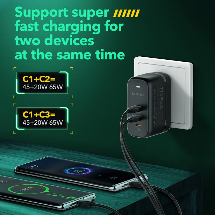 LDNIO Q367 65W GaN 3 x USB-C / Type-C Interface Charger with 1m USB-C / Type-C to USB-C / Type-C Data Cable, Plug Type:UK Plug(Black)