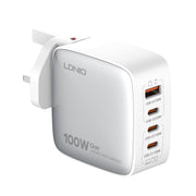 LDNIO Q408 100W GaN USB+3 USB-C / Type-C Interface Charger with 1m 100W USB-C / Type-C to USB-C / Type-C Data Cable, Plug Type:UK Plug(White)
