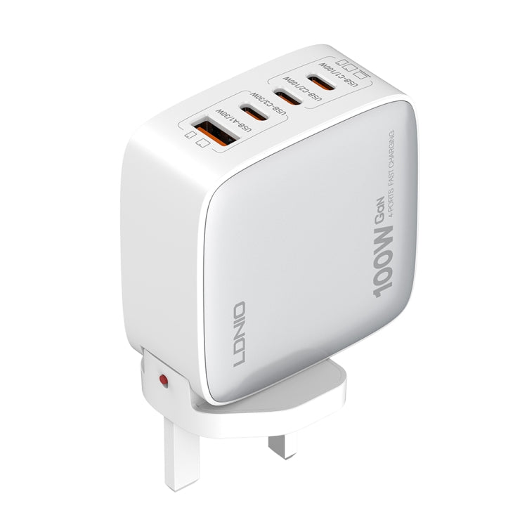 LDNIO Q408 100W GaN USB+3 USB-C / Type-C Interface Charger with 1m 100W USB-C / Type-C to USB-C / Type-C Data Cable, Plug Type:UK Plug(White)