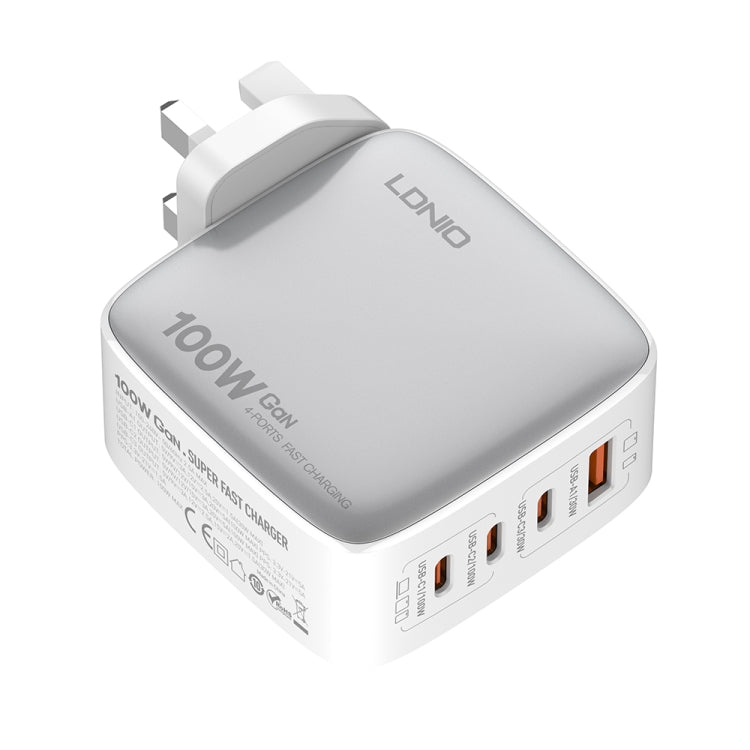 LDNIO Q408 100W GaN USB+3 USB-C / Type-C Interface Charger with 1m 100W USB-C / Type-C to USB-C / Type-C Data Cable, Plug Type:UK Plug(White)