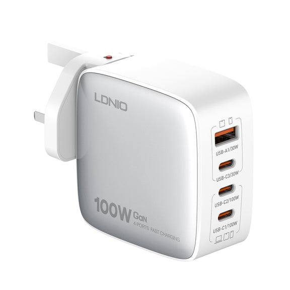 LDNIO Q408 100W GaN USB+3 USB-C / Type-C Interface Charger with 1m 100W USB-C / Type-C to USB-C / Type-C Data Cable, Plug Type:UK Plug(White)